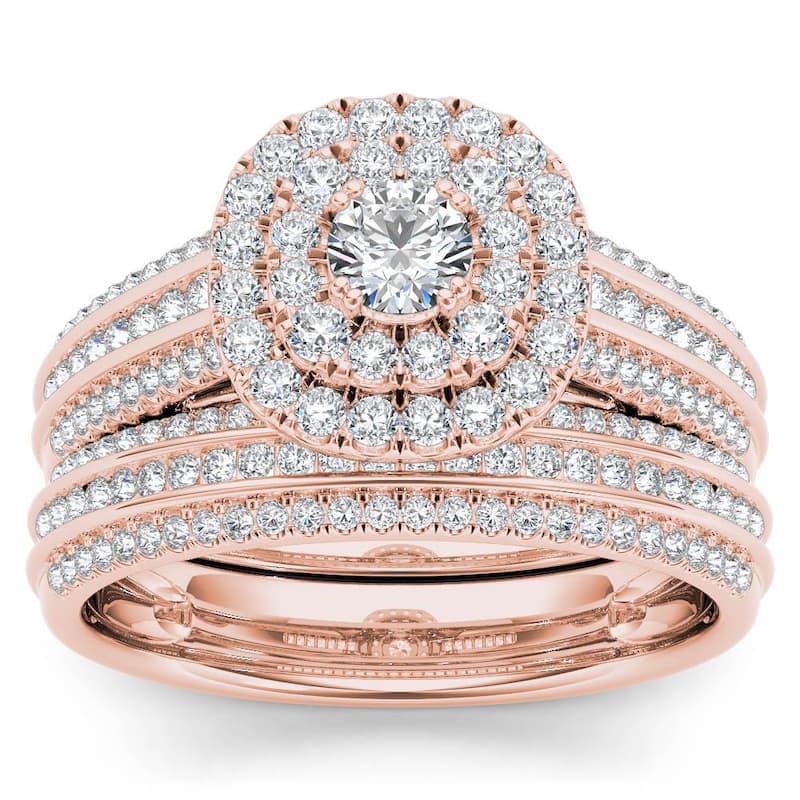 De Couer 10k Rose Gold 1ct TDW Double Halo Diamond Bridal Set - Pink - 6 - Rose