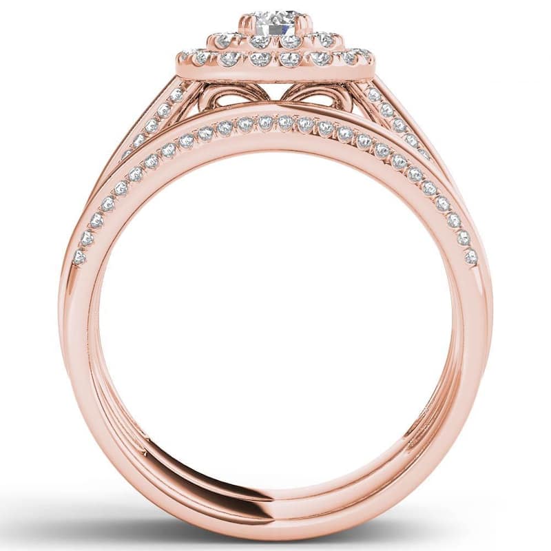 De Couer 10k Rose Gold 1ct TDW Double Halo Diamond Bridal Set - Pink