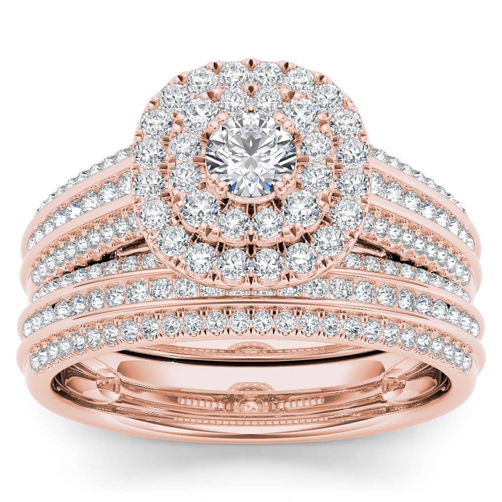 De Couer 10k Rose Gold 1ct TDW Double Halo Diamond Bridal Set - Pink