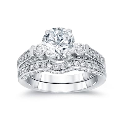 Auriya 2 carat TW Round 3-Stone Diamond Engagement Ring Set 14k Gold Certified