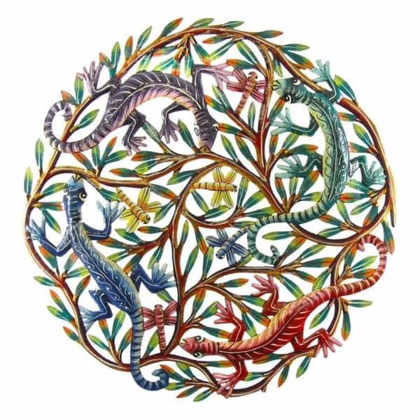 Handmade 24-inch Painted Four Colorful Geckos Metal Wall Art (Haiti)
