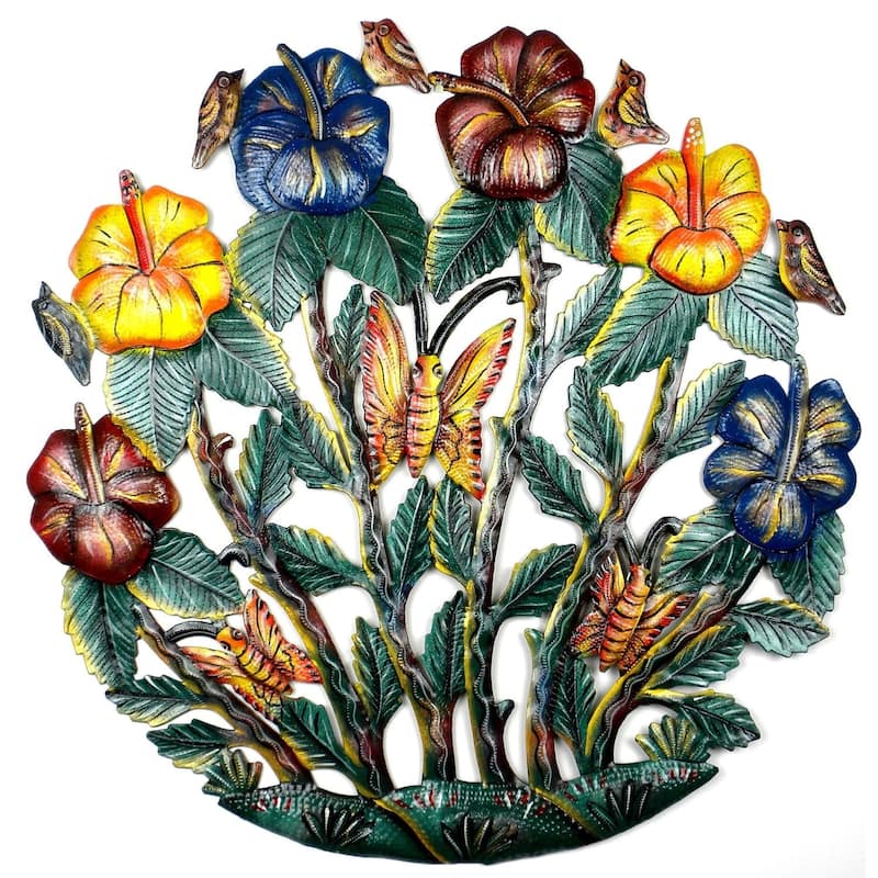 Handmade 24-inch Painted Colorful Flower Garden Metal Wall Art (Haiti)