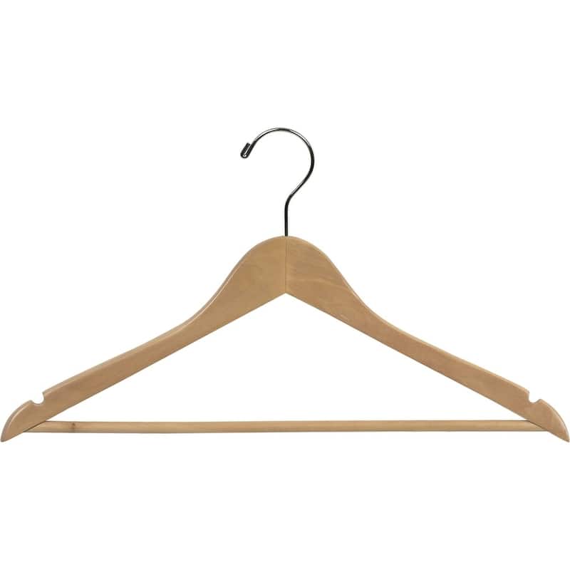 Natural Finish Wooden Suit Hanger with Fixed Pant Bar, Case of 25 hangers with Notches and Chrome Hook