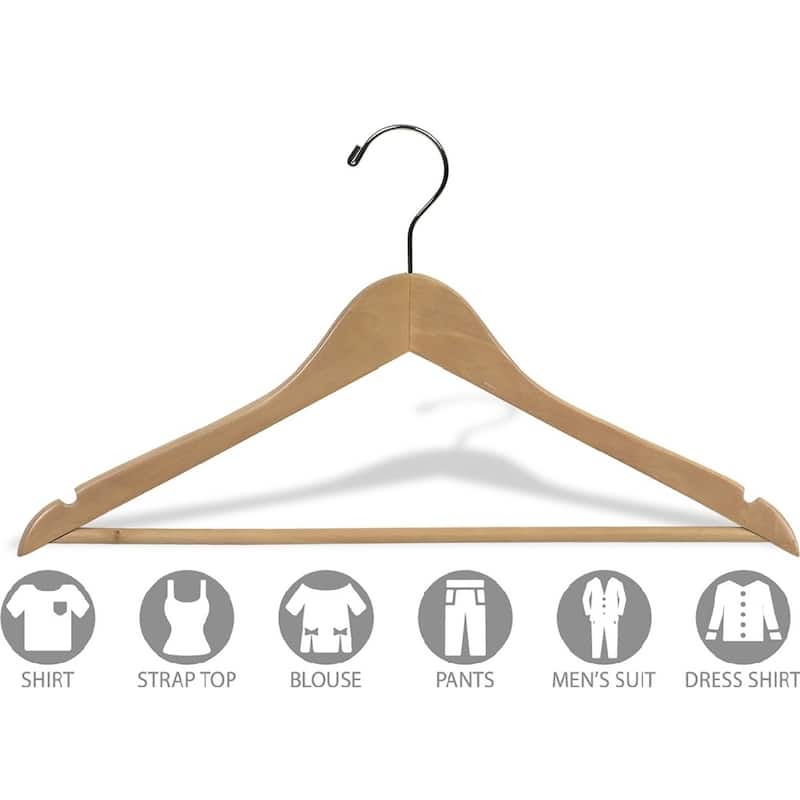 Natural Finish Wooden Suit Hanger with Fixed Pant Bar, Case of 25 hangers with Notches and Chrome Hook