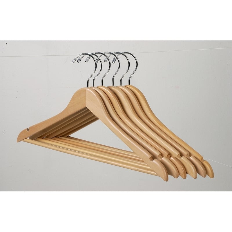 Natural Finish Wooden Suit Hanger with Fixed Pant Bar, Case of 25 hangers with Notches and Chrome Hook