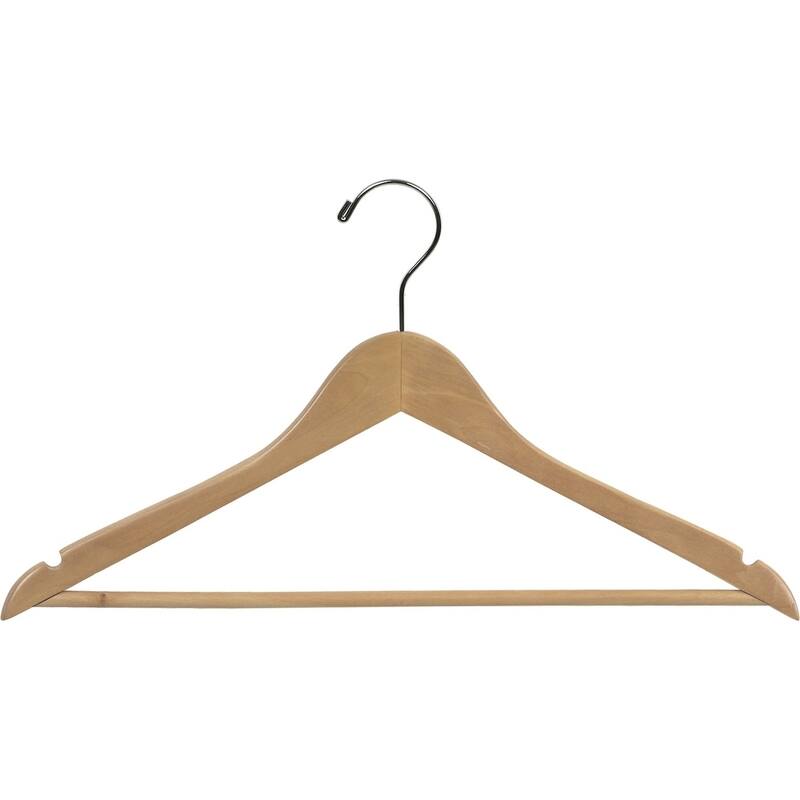 Natural Finish Wooden Suit Hanger with Fixed Pant Bar, Case of 25 hangers with Notches and Chrome Hook