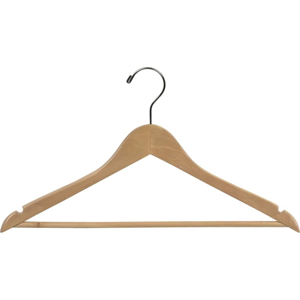 Natural Finish Wooden Suit Hanger with Fixed Pant Bar, Case of 25 hangers with Notches and Chrome Hook