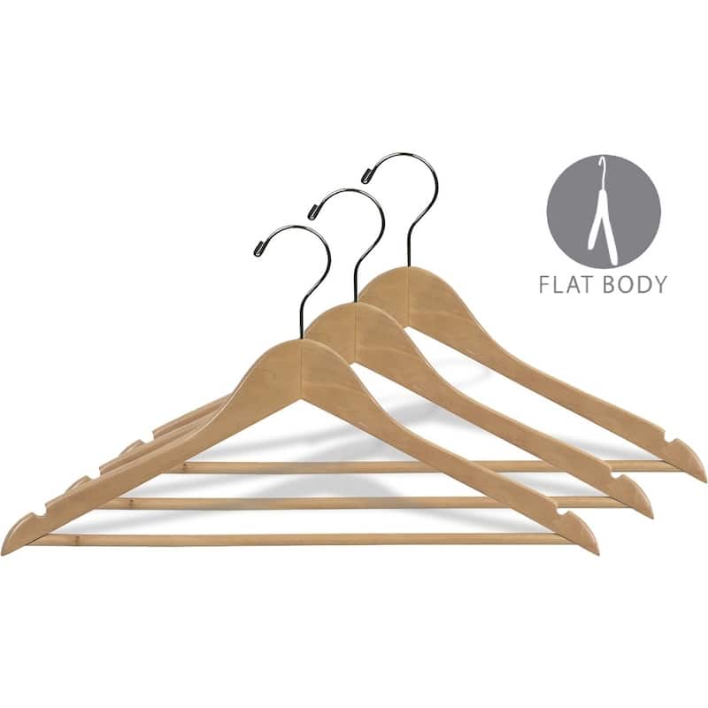 Natural Finish Wooden Suit Hanger with Fixed Pant Bar, Case of 25 hangers with Notches and Chrome Hook