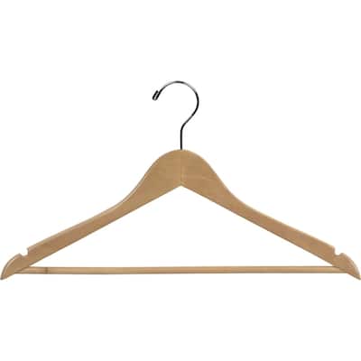 Natural Finish Wooden Suit Hanger with Solid Wood Pant Bar, Case of 50 Flat hagners with Notches