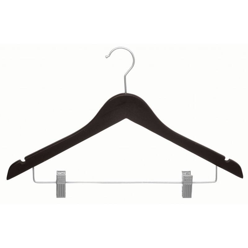 Wooden Combo Hanger with Espresso Finish and Clips, Brushed Chrome Hardware (Case of 50)