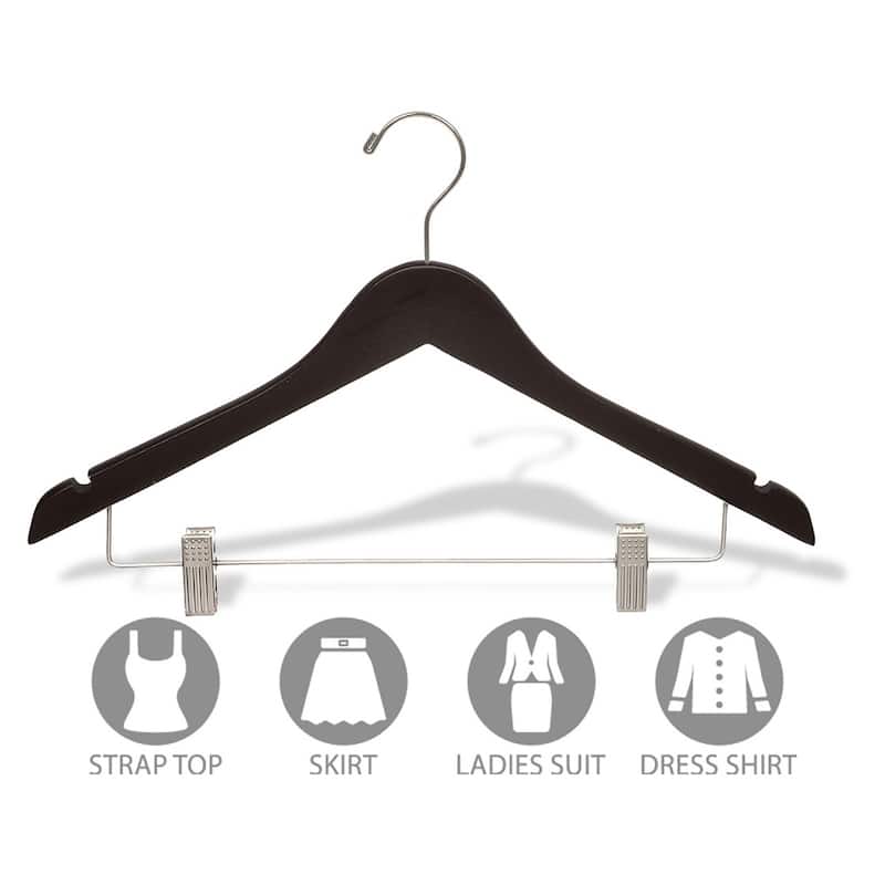 Wooden Combo Hanger with Espresso Finish and Clips, Brushed Chrome Hardware (Case of 50)