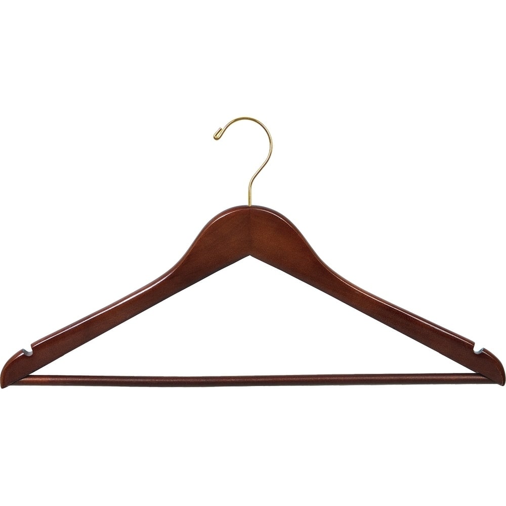 Walnut Finish Wooden Suit Hanger with Solid Wood Pant Bar and Brass Hook