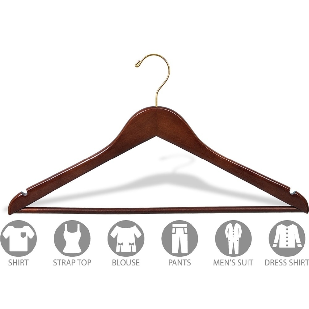 Walnut Brown Wooden Coat Hangers with Brass Hooks