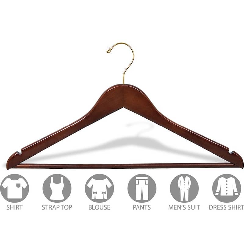 Walnut Finish Wooden Suit Hanger with Solid Pant Bar, Case of 100 hangers with Notches and Brass Swivel Hook