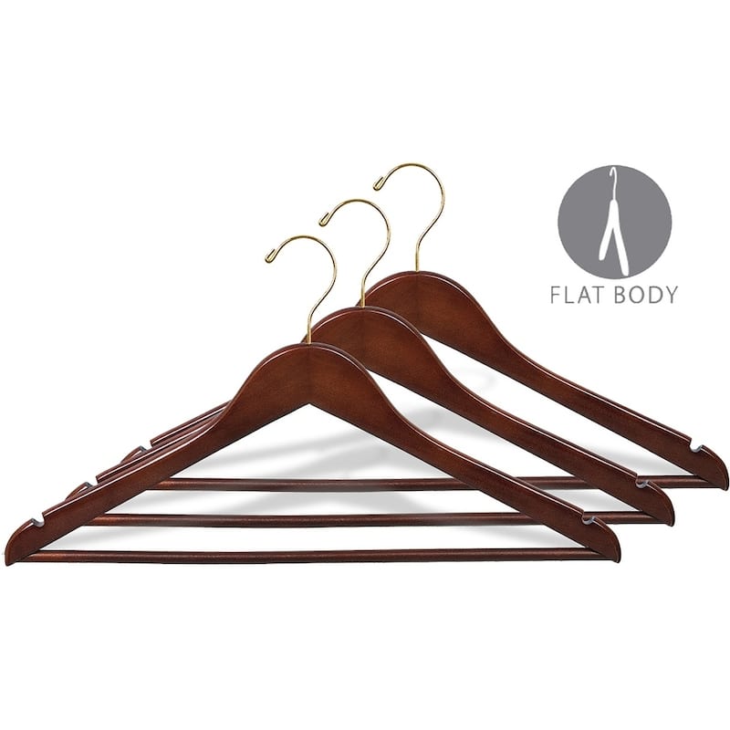 Walnut Finish Wooden Suit Hanger with Solid Pant Bar, Case of 100 hangers with Notches and Brass Swivel Hook