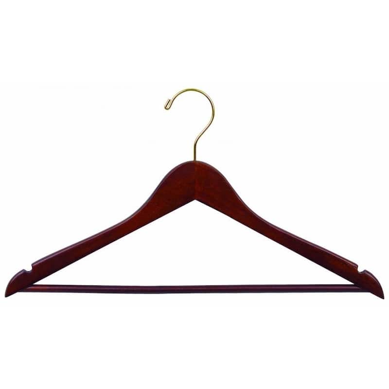 Walnut Finish Wooden Suit Hanger with Solid Pant Bar, Case of 100 hangers with Notches and Brass Swivel Hook