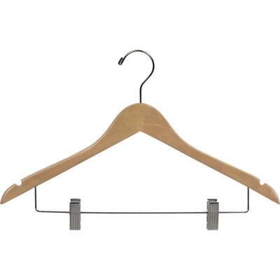 Natural Finish Wooden Combo Hanger with Adjustable Cushion Clips (Case of 25)