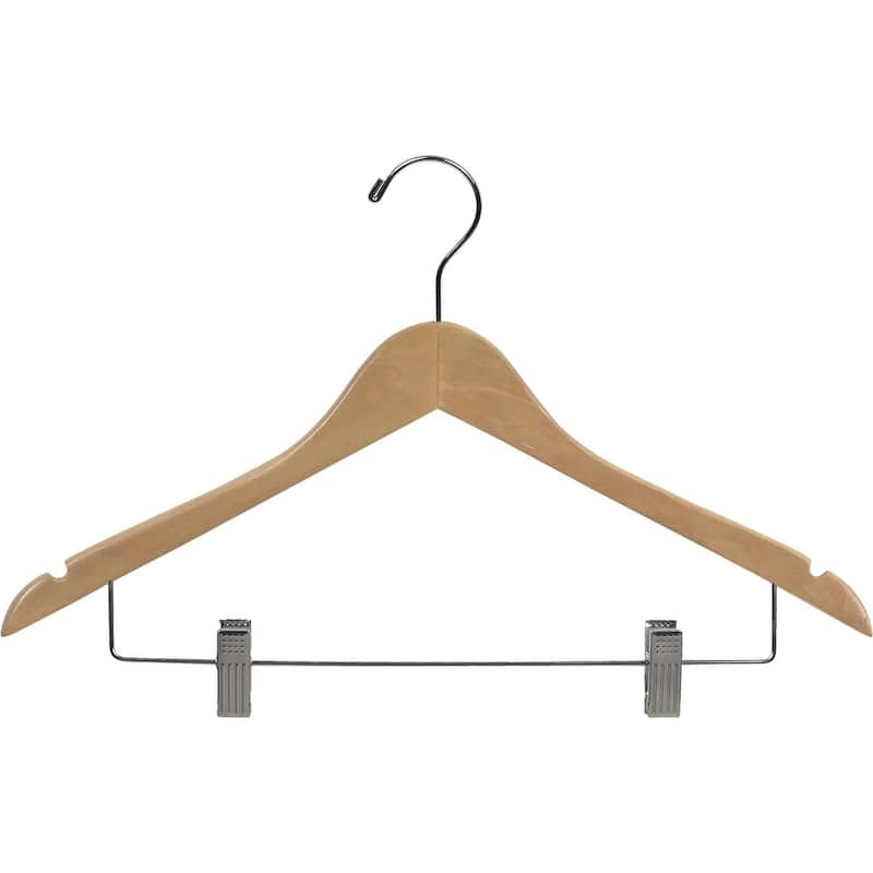 Natural Finish Wooden Combo Hanger with Adjustable Cushion Clips (Case of 25)