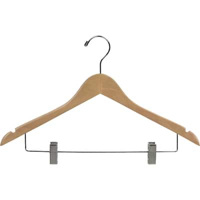 Natural Finish Wooden Combo Hanger with Adjustable Cushion Clips (Case of 25)
