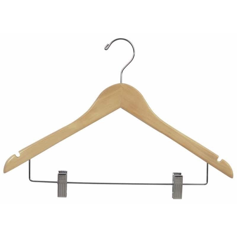 Natural Finish Wooden Combo Hanger with Adjustable Cushion Clips (Case of 25)