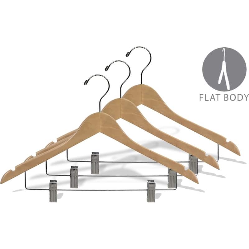 Natural Finish Wooden Combo Hanger with Adjustable Cushion Clips (Case of 25)
