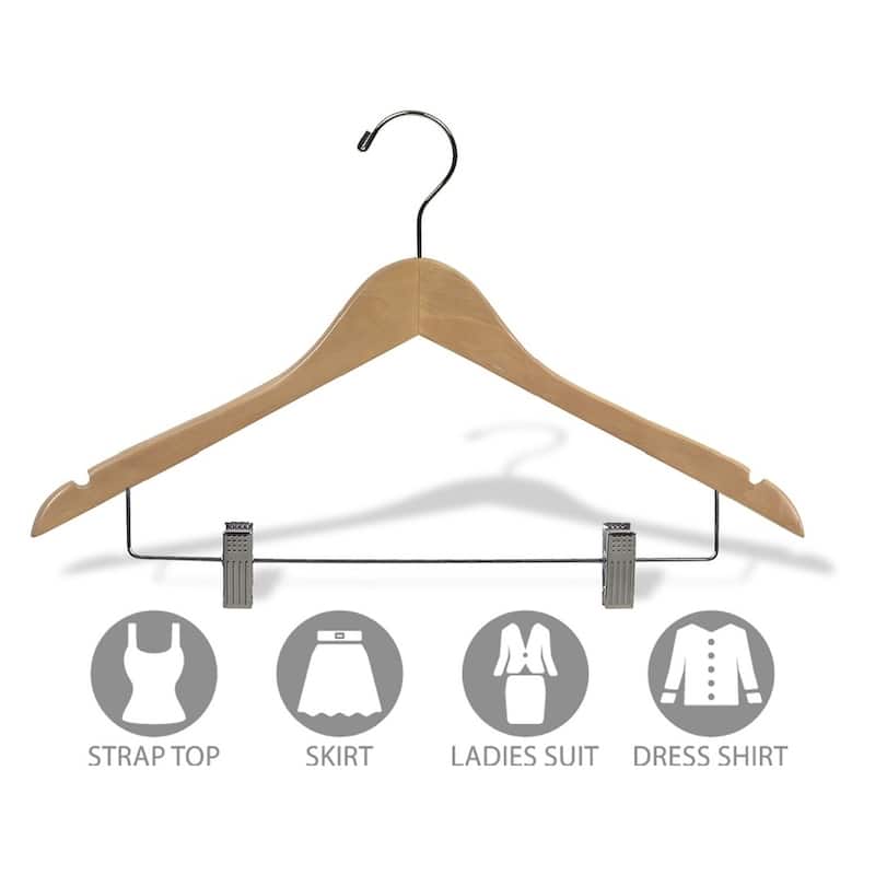 Natural Finish Wooden Combo Hanger with Adjustable Cushion Clips (Case of 25)