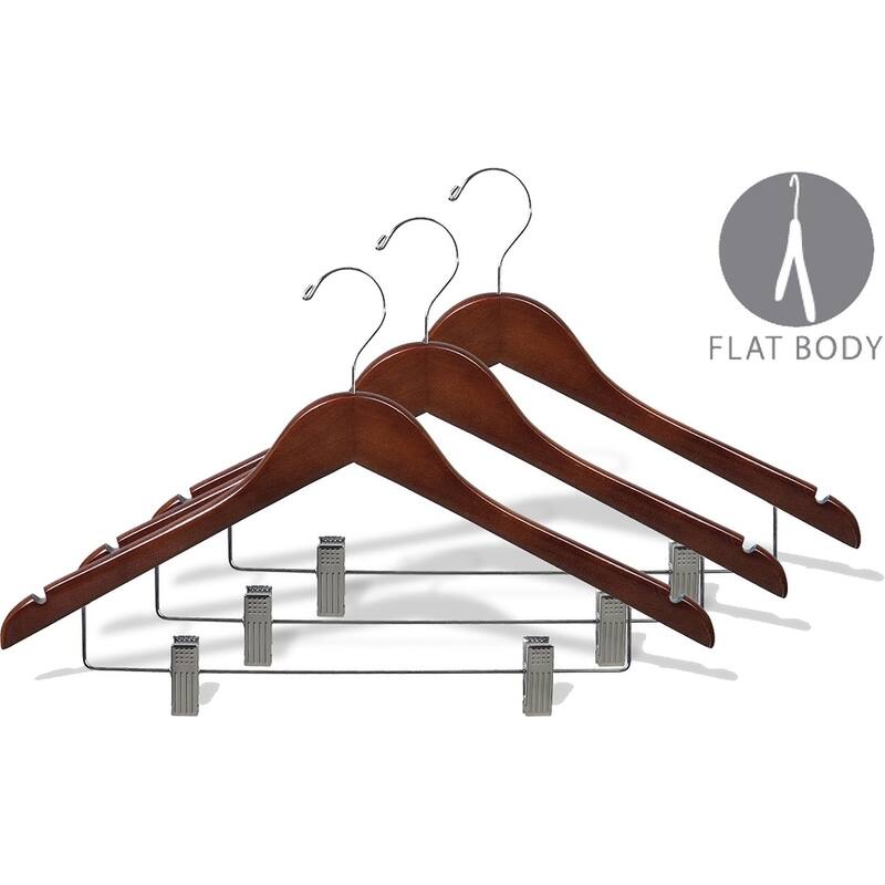 Wooden Combo Hanger, Walnut Finish with Clips and Chrome Hardware (Box of 100)