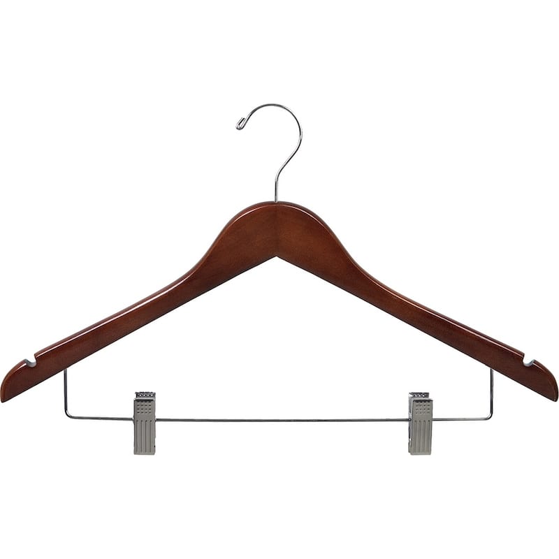 Wooden Combo Hanger, Walnut Finish with Clips and Chrome Hardware (Box of 100)
