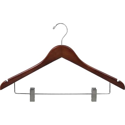 Wooden Combo Hanger, Walnut Finish with Clips and Chrome Hardware (Box of 100)