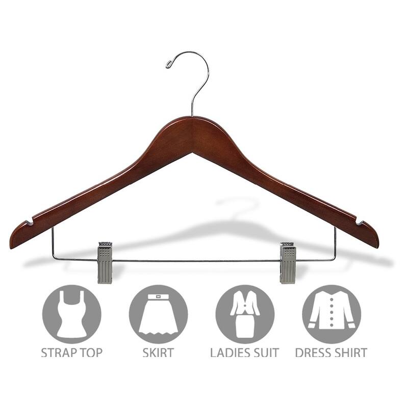 Wooden Combo Hanger, Walnut Finish with Clips and Chrome Hardware (Box of 100)