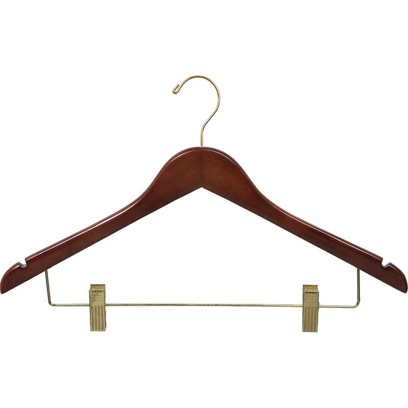 Walnut Finish Wooden Combo Hanger with Adjustable Clips and Brass Hardware (Case of 25)