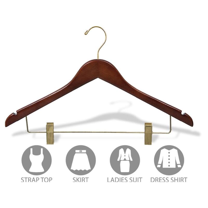 Walnut Finish Wooden Combo Hanger with Adjustable Clips and Brass Hardware (Case of 25)
