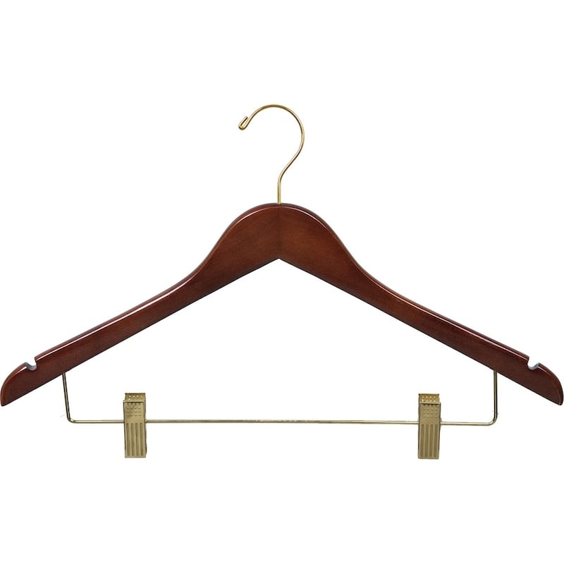 Walnut Finish Wooden Combo Hanger with Adjustable Clips and Brass Hardware (Case of 25)