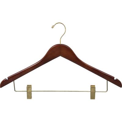 Walnut Finish Wooden Combo Hanger with Adjustable Clips and Brass Hardware (Case of 25)