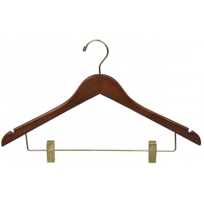 Walnut Finish Wooden Combo Hanger with Brass Hardware and Adjustable Clips (Case of 50)