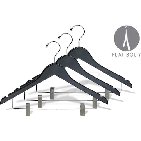 Black Wooden Combo Hanger with Adjustable Cushion Clips, Case of 50 Flat Hangers with Notches