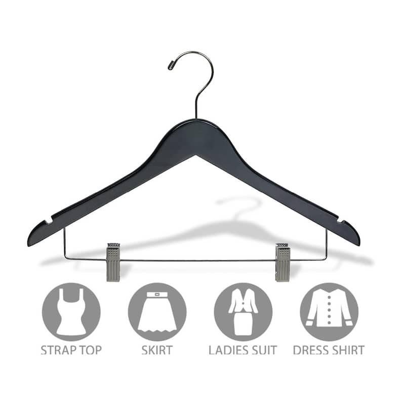 Black Wooden Combo Hanger with Clips (Case of 100)