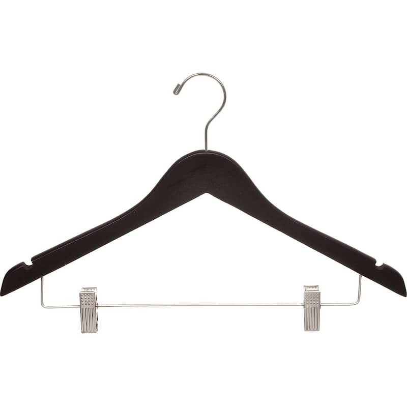 Espresso Finish Wooden Combo Hanger with Clips and Brushed Chrome Hardware (Box of 100)