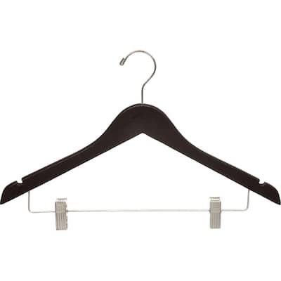 Espresso Finish Wooden Combo Hanger with Clips and Brushed Chrome Hardware (Box of 100)