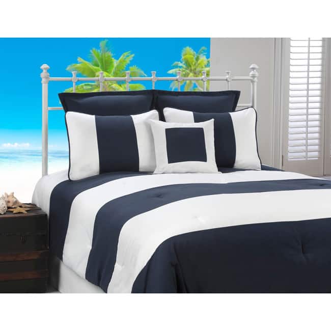 Cabana Stripe Navy and White Nautical 4-piece Comforter Set - Navy/White - Queen