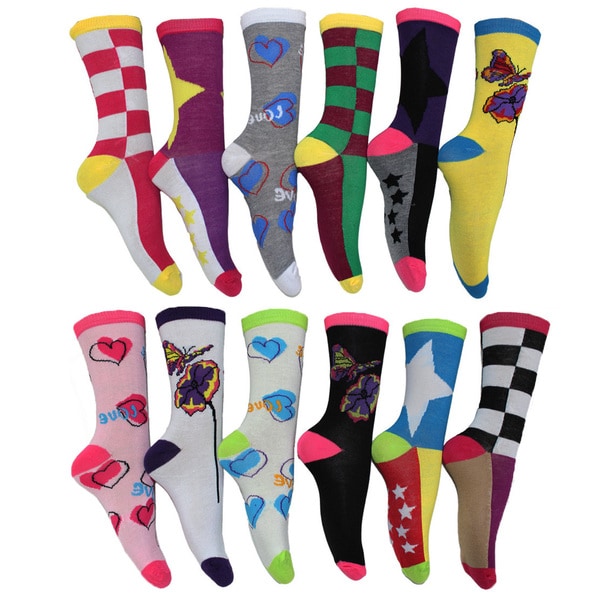 Women's Fun and Colorful Crew Socks (Pack of 12 Pairs) - Free Shipping ...