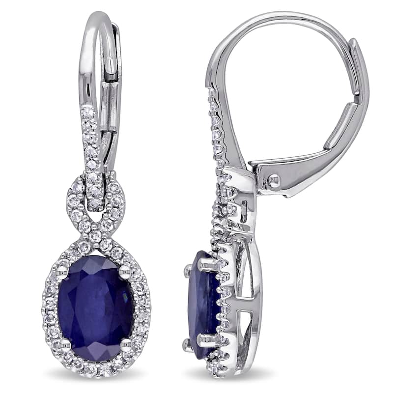 Miadora Signature Collection 10k White Gold Sapphire 1/4ct TDW Diamond Halo Earrings - Blue
