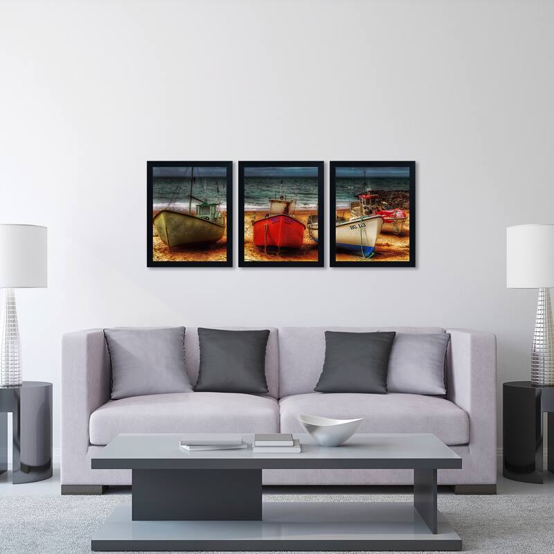 Erik Brede 'Resting Boats' Three 16x20 Black Framed Canvas Wall Art Set