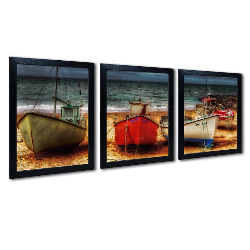 Erik Brede 'Resting Boats' Three 16x20 Black Framed Canvas Wall Art Set