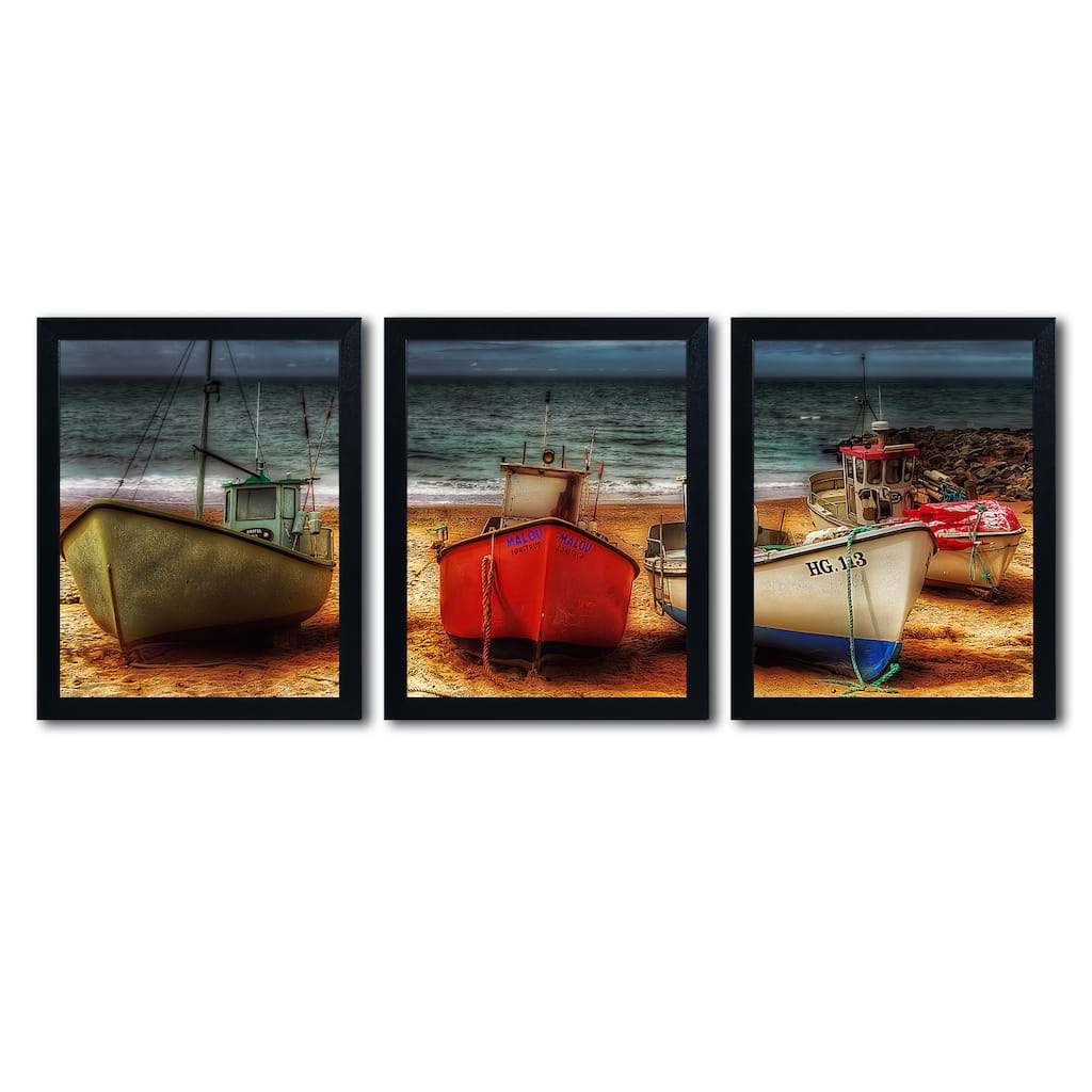 Erik Brede 'Resting Boats' Three 16x20 Black Framed Canvas Wall Art Set
