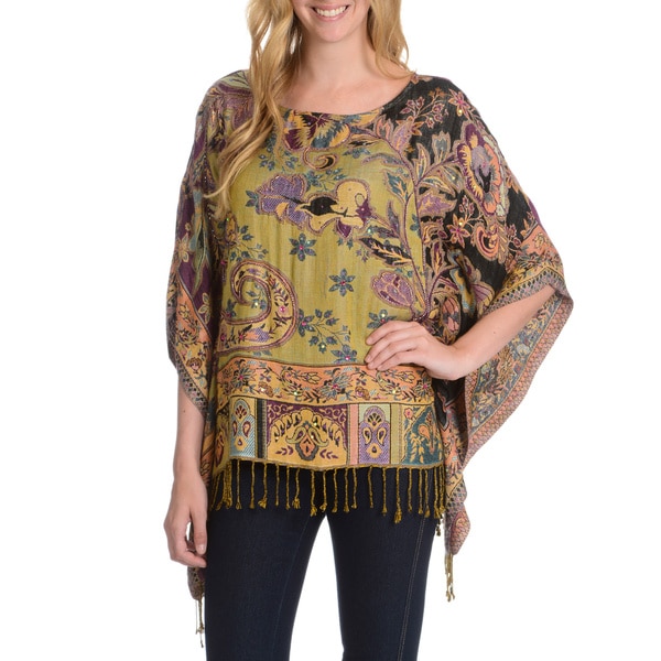 La Cera Womens Embellished Tapestry Print Poncho (One Size