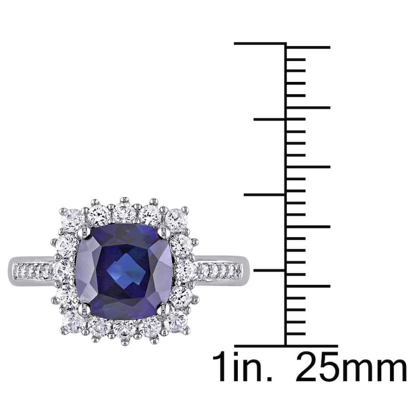 Miadora Sterling Silver Cushion-cut Created Blue and White Sapphire with Diamond Accents Square Halo Engagement Ring