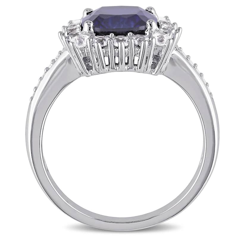 Miadora Sterling Silver Cushion-cut Created Blue and White Sapphire with Diamond Accents Square Halo Engagement Ring