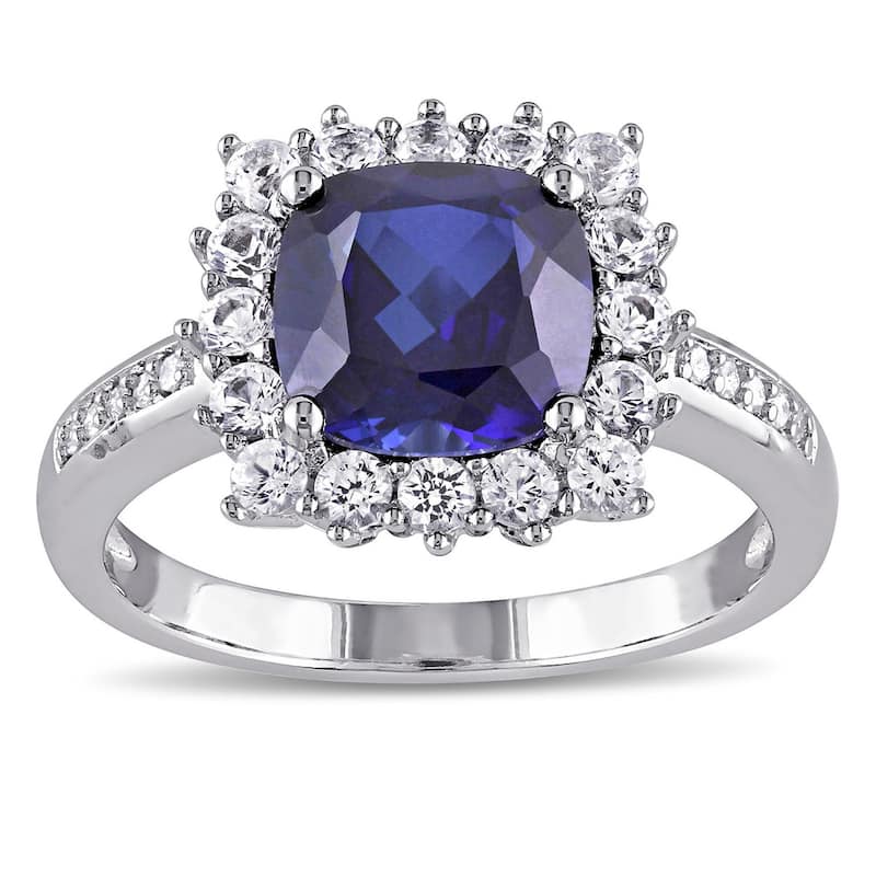 Miadora Sterling Silver Cushion-cut Created Blue and White Sapphire with Diamond Accents Square Halo Engagement Ring - 4.5