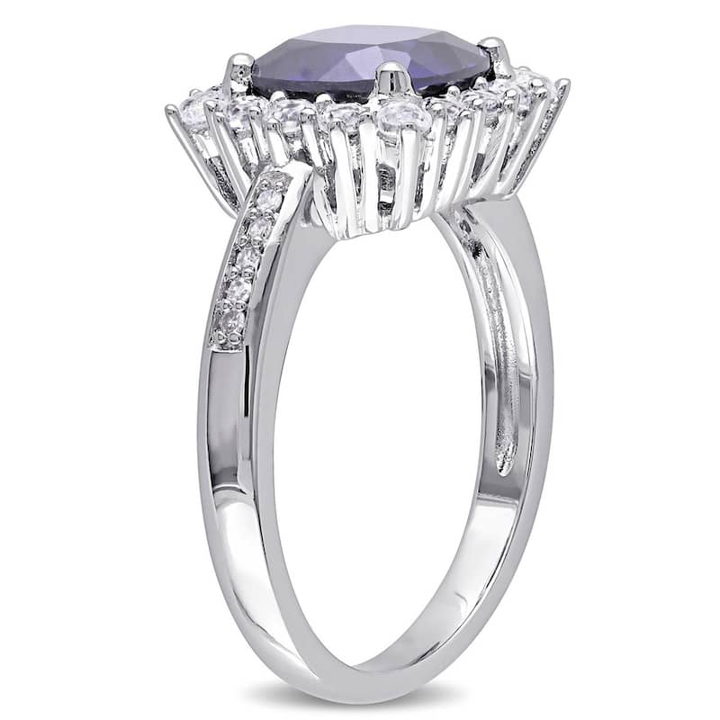 Miadora Sterling Silver Cushion-cut Created Blue and White Sapphire with Diamond Accents Square Halo Engagement Ring